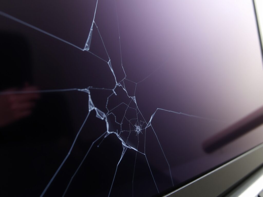 Zbliżenie na uszkodzoną matrycę laptopa z pęknięciami.